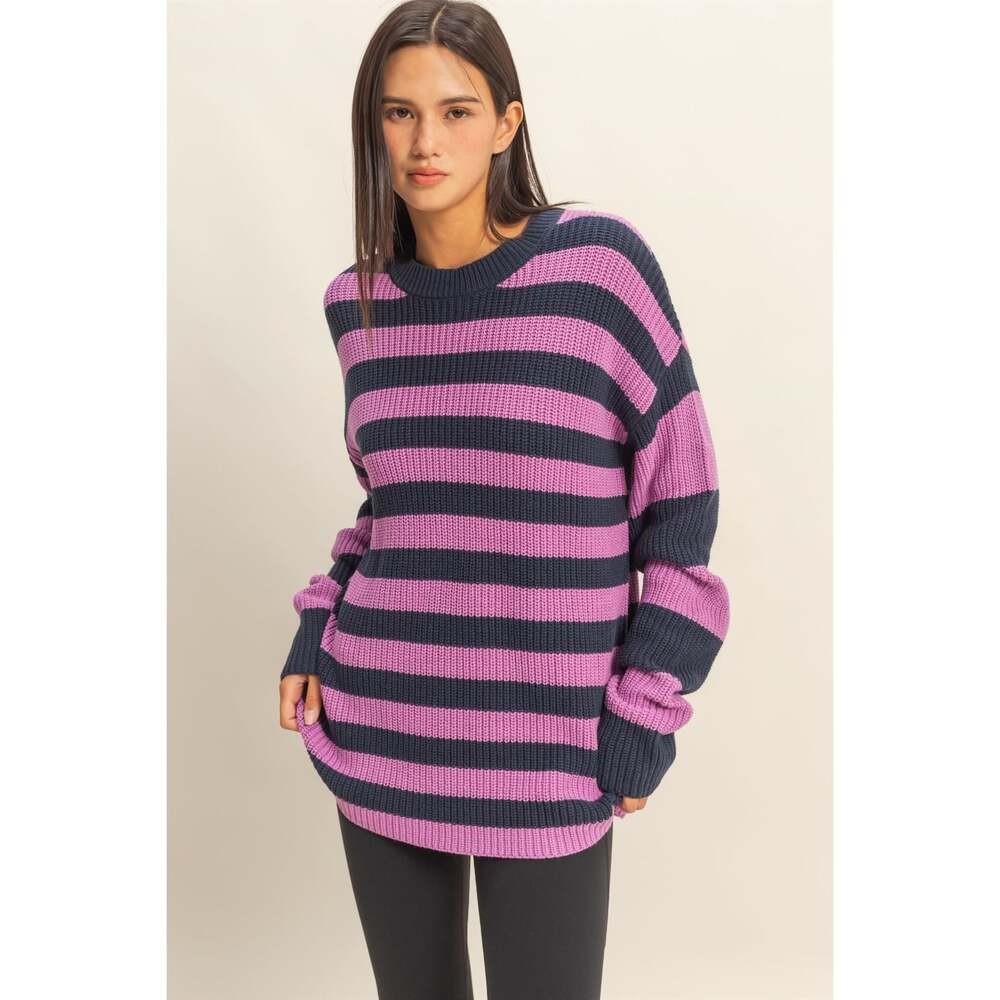 Navy Lilac Striped Long Sleeve Cotton Blend Sweater